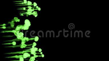 荧光亮绿写墨泡在水里，多滴墨.. 这是3D渲染镜头的慢动作墨水